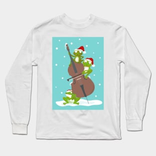 Three funny frogs playing the double bass in Santa hats Long Sleeve T-Shirt